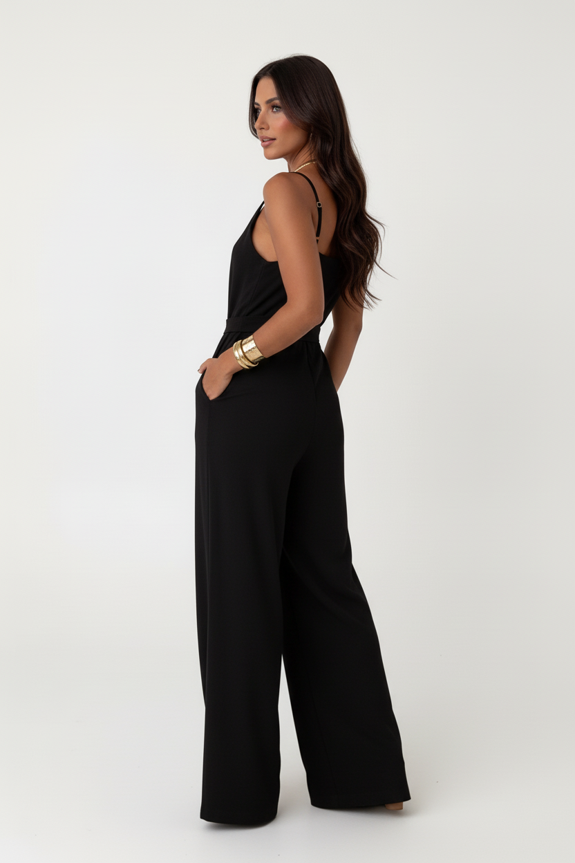 Black Jumpsuit Back Pose Sem Laços