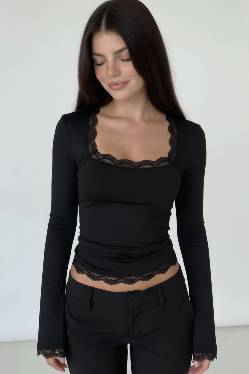 Black Lace Crop Top - Pose Olhar Para Baixo